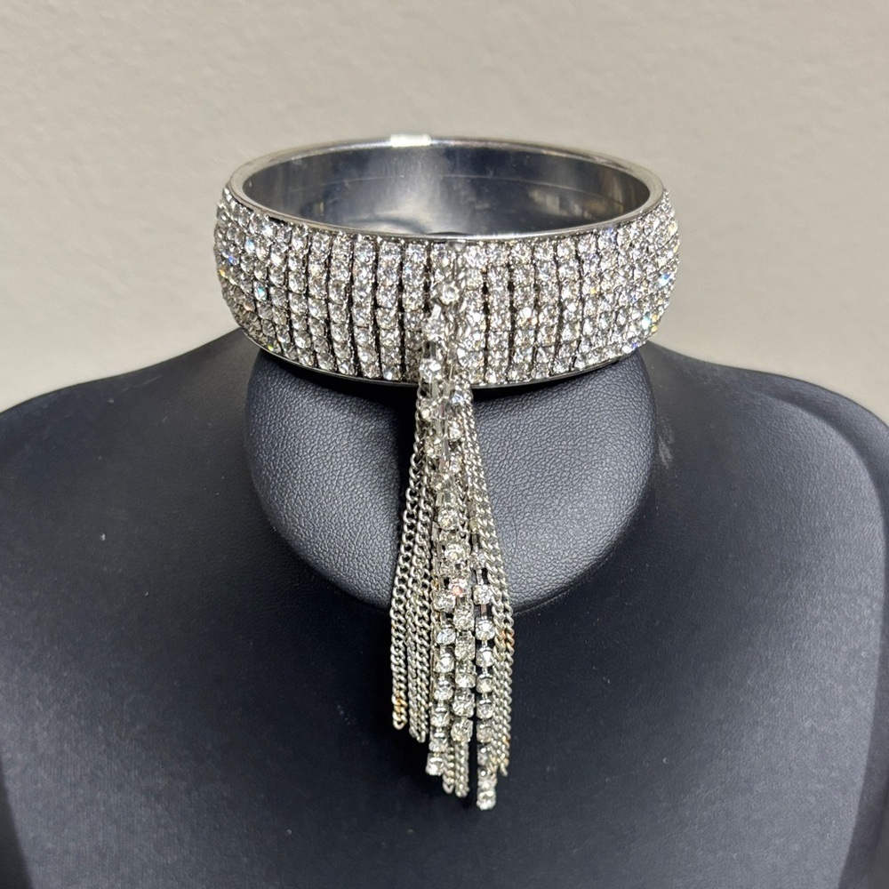 Stunning Statement Silver Tone Rhinestone Bracelet with Tassel
